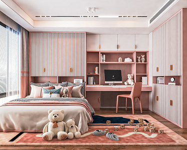 Modern Children's Room Children's Bedroom Girls' Room Bedside Background Wall Dresser Wardrobe Chandelier Computer Table and Chair 3d model