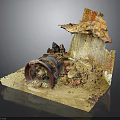 Old Damaged Mechanical Equipment Part With Rusty Surfaces And Rock Soil Surroundings