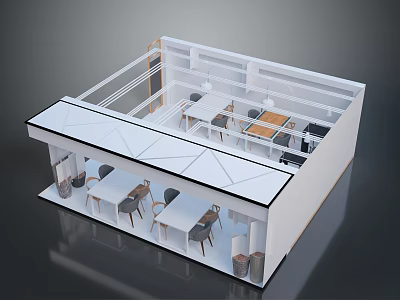 Modern Open Interior Space Design With Two Level Layout Tables Chairs And Railings 3d model