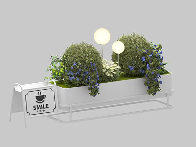Bonsai Potted Plants in White Planter Box with Green Shrubs Blue Flowers White Blooms and Round Lights 3d model