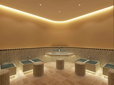Serene SPA Sauna Interior Featuring Steam Room Wooden Benches And Soft Lighting 3d model
