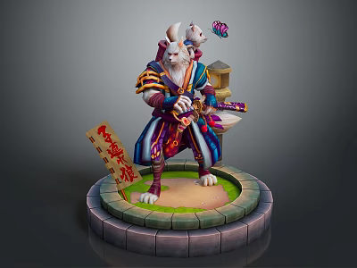 Fox Themed Game Movie Character With Multiple Tails Ornate Attire Holding Weapon And Butterfly 3d model