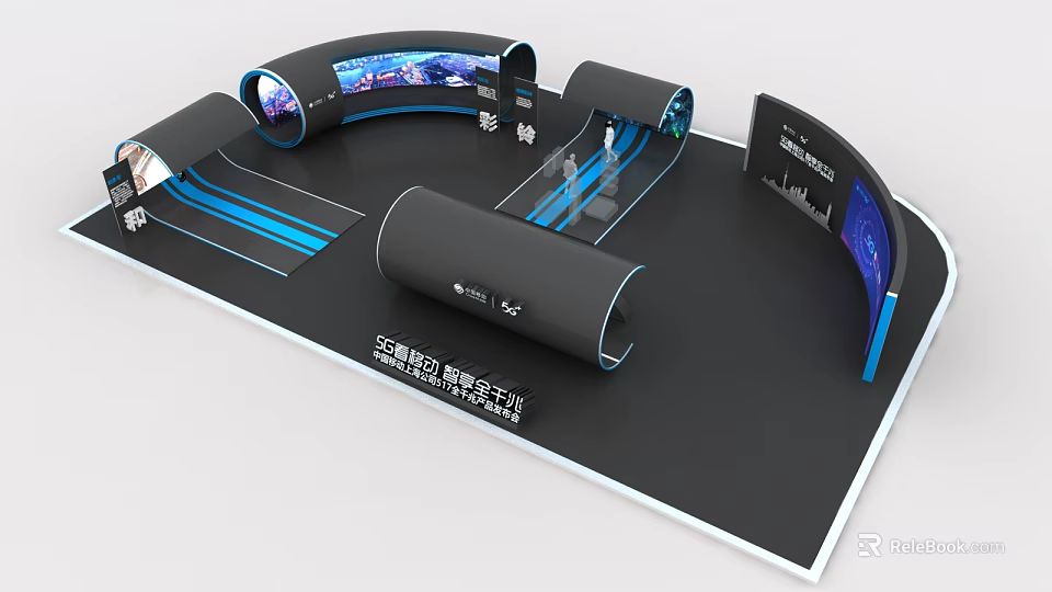 Modern Hi tech Stage Design With Curved Screens Blue Lighting And Display Platforms 3d model 
