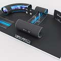Modern Hi tech Stage Design With Curved Screens Blue Lighting And Display Platforms