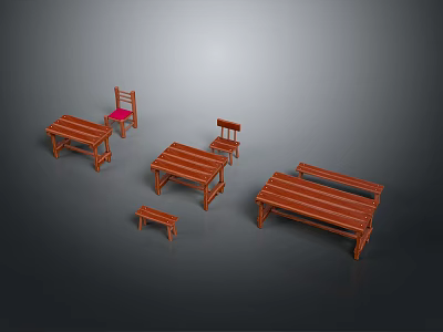 Wooden Furniture Set With Tables Chairs And Benches In Various Sizes 3d model