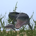 Cartoon Dinosaur Scene With Open Mouth Tall Plants And Grassy Environment