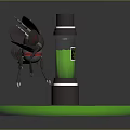 Futuristic Mechanical Setup With Green Platform Transparent Cylinder Container Green Liquid And Flying Insects