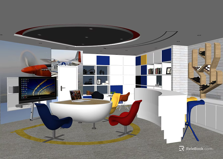 Hotel Public Lounge With Colorful Chairs Round Table Wall Decorations Airplane Model And TV Screen 3d model 