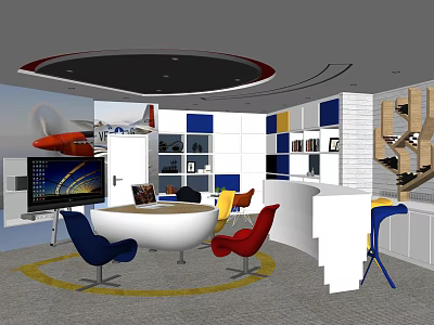 Hotel Public Lounge With Colorful Chairs Round Table Wall Decorations Airplane Model And TV Screen 3d model