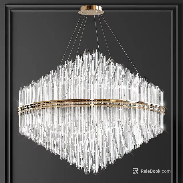 Modern Luxury Crystal Chandelier With Vertical Crystal Rods And Golden Ring Design 3d model 