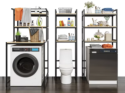 Metal Bathroom Storage Shelves With Washing Machine Toilet Towels And Toiletries 3d model