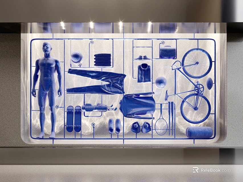 Creative Window Display Design With Blue Lines Mannequin Apparel Bicycle And Shoes 3d model 