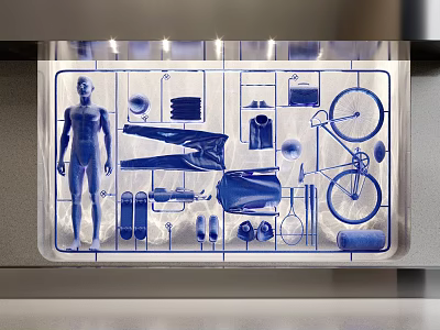 Creative Window Display Design With Blue Lines Mannequin Apparel Bicycle And Shoes 3d model