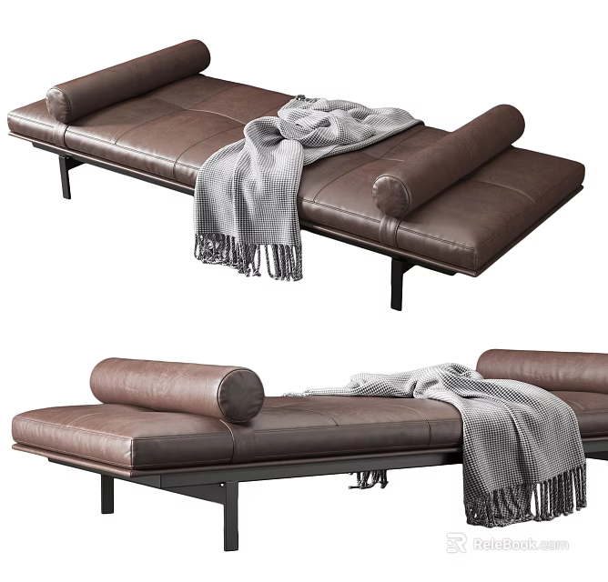 Modern Brown Leather Daybed With Metal Legs And Gray Fringed Blanket 3d model 