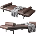 Modern Brown Leather Daybed With Metal Legs And Gray Fringed Blanket