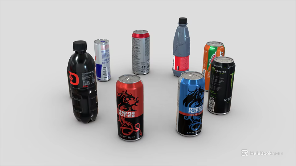 Diverse Collection of Beverages in Cans and Bottles with Colorful Packaging 3d model 