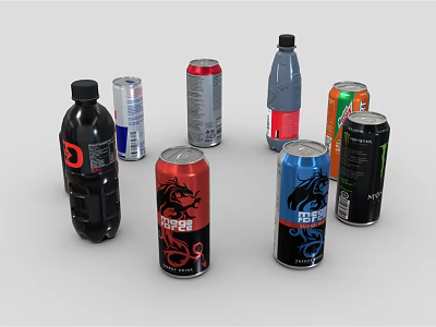 Diverse Collection of Beverages in Cans and Bottles with Colorful Packaging 3d model