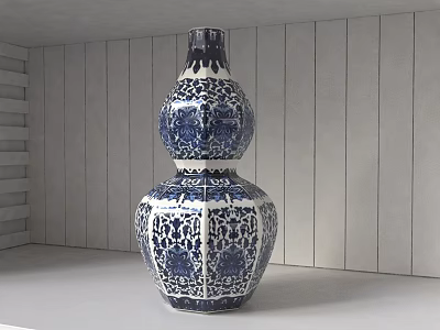 Blue and White Gourd Shaped Ceramic Vase With Traditional Pattern On White Surface 3d model