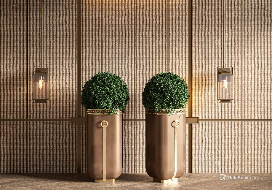 Two Round Topiary Potted Plants in Brown Metal Planters with Gold Accents and Wooden Wall 3d model 