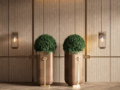 Two Round Topiary Potted Plants in Brown Metal Planters with Gold Accents and Wooden Wall 3d model