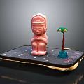 Decorative Furniture Tray With Pink Statue Small Umbrella Ornament Black Base And Gold Edge