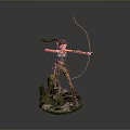 Woman with red hair holding bow wearing brown pants and boots on green base statue