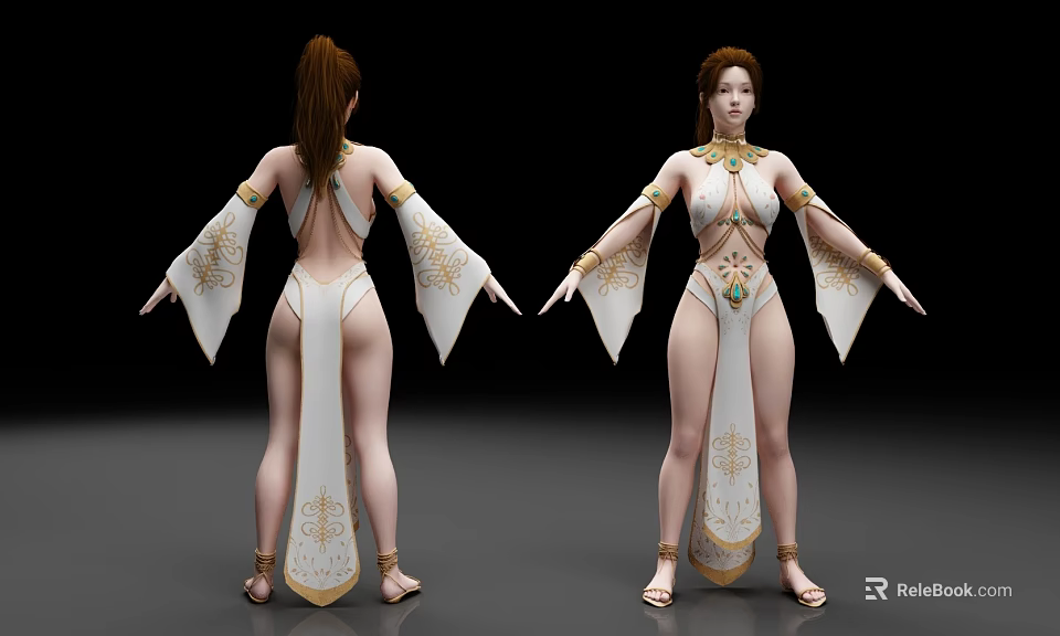 Woman Wearing White Outfit With Golden Decorations Backless Design Long Sleeves Front Back Views 3d model 