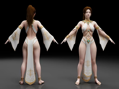 Woman Wearing White Outfit With Golden Decorations Backless Design Long Sleeves Front Back Views 3d model