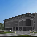 Modern Multi Story Office Building With Glass Curtain Walls Gray Exterior And Green Lawn Trees