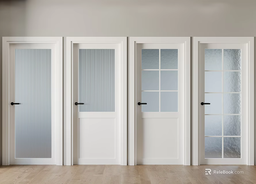 White Hinged Doors with Various Glass Patterns and Wooden Frames in Modern Interior Setting 3d model