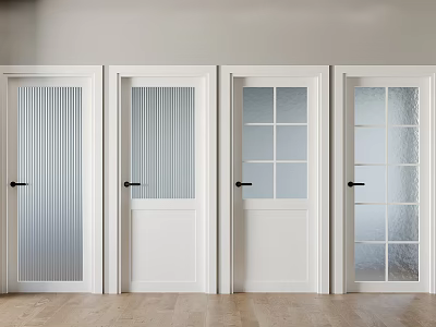 White Hinged Doors with Various Glass Patterns and Wooden Frames in Modern Interior Setting 3d model