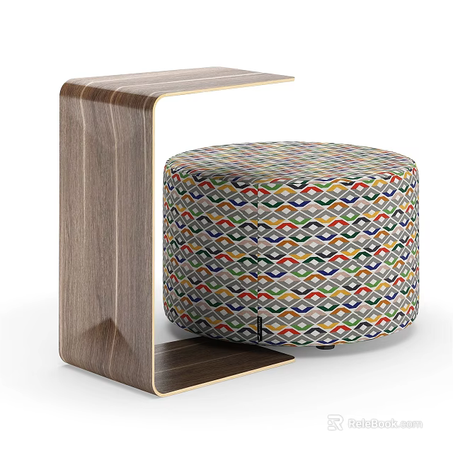 Colorful Geometric Patterned Ottoman With Wooden Side Table For Living Room 3d model 