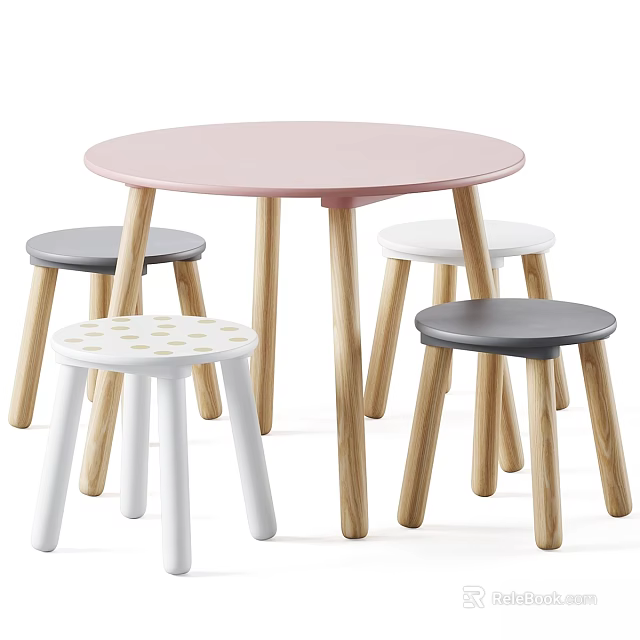 Round Pink Table with Wooden Legs and Multi Colored Stools Set Including White Dotted Stool 3d model 