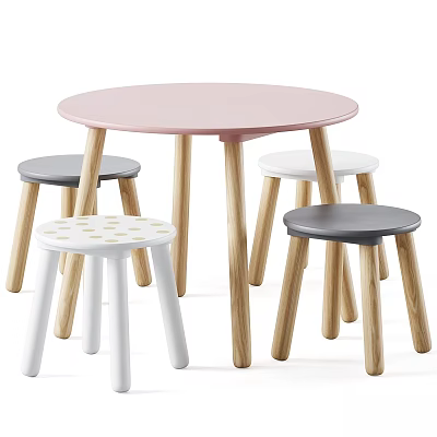 Round Pink Table with Wooden Legs and Multi Colored Stools Set Including White Dotted Stool 3d model