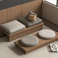 Modern Japanese Living Room Essentials Wooden Bench Cushions Low Table Round Floor Cushions And Magazines