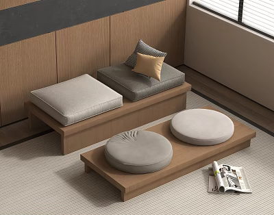 Modern Japanese Living Room Essentials Wooden Bench Cushions Low Table Round Floor Cushions And Magazines 3d model