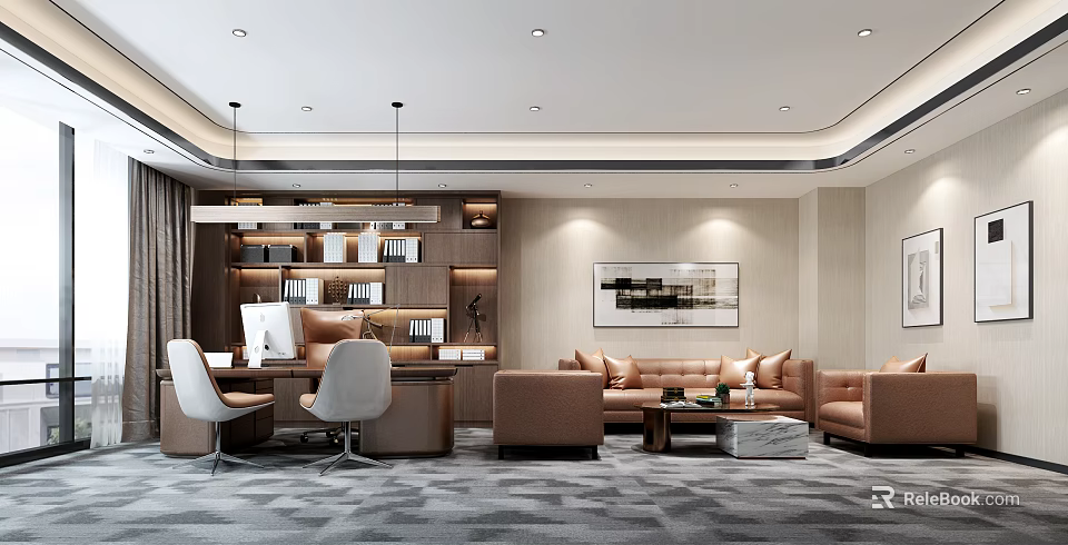 Modern Office Interior Design With Desk Chairs Sofa Bookshelves Hanging Lighting And Wall Art 3d model 