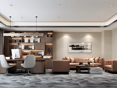 Modern Office Interior Design With Desk Chairs Sofa Bookshelves Hanging Lighting And Wall Art 3d model