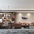 Modern Office Interior Design With Desk Chairs Sofa Bookshelves Hanging Lighting And Wall Art