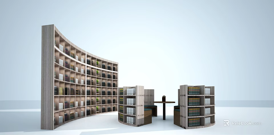 Modern Curved Bookcase Design With Freestanding Shelves And Books Filled Layers 3d model 