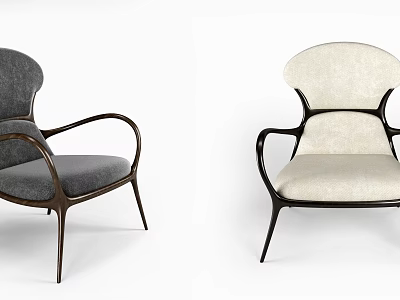 Stylish Modern Leisure Chairs Upholstered In Gray And Beige With Curved Arms And Wooden Legs 3d model