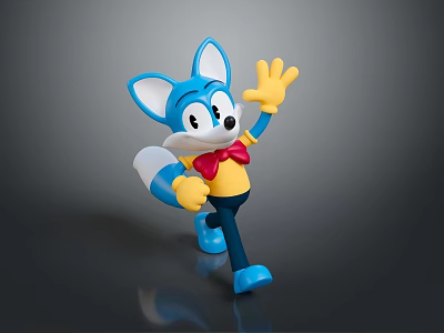 Cartoon Blue Fox Character Waving Hand While Running With Red Bow Tie 3d model