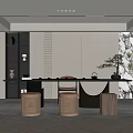 Modern Tea Room Interior With Long Table Woven Stools Black Shelf And Green Plant