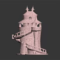 Detailed Pink Castle Building Model With Towers Staircase And Balcony Design