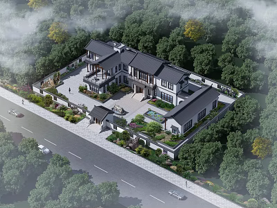 Traditional Chinese Style Detached Villa With Lush Trees Courtyard And Scenic Surroundings 3d model
