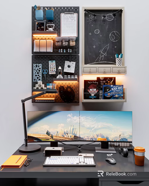 Modern Office Desk Setup With Dual Monitors Cityscape Hanging Organizers Desk Lamp And Office Supplies 3d model 