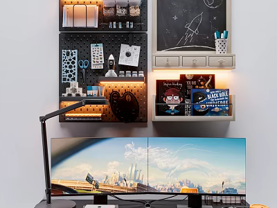 Modern Office Desk Setup With Dual Monitors Cityscape Hanging Organizers Desk Lamp And Office Supplies 3d model