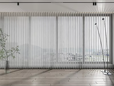 White Vertical Curtains For Large Windows In Modern Interior With Wooden Floor And Green Plant 3d model