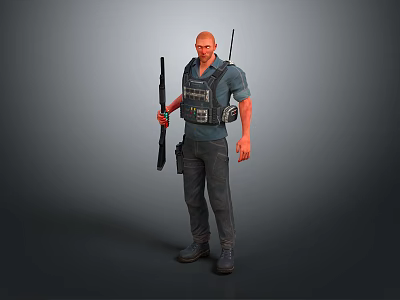 Black Vest Blue Short Sleeve Shirt And Black Pants With Tactical Shoes For Daily Living 3d model