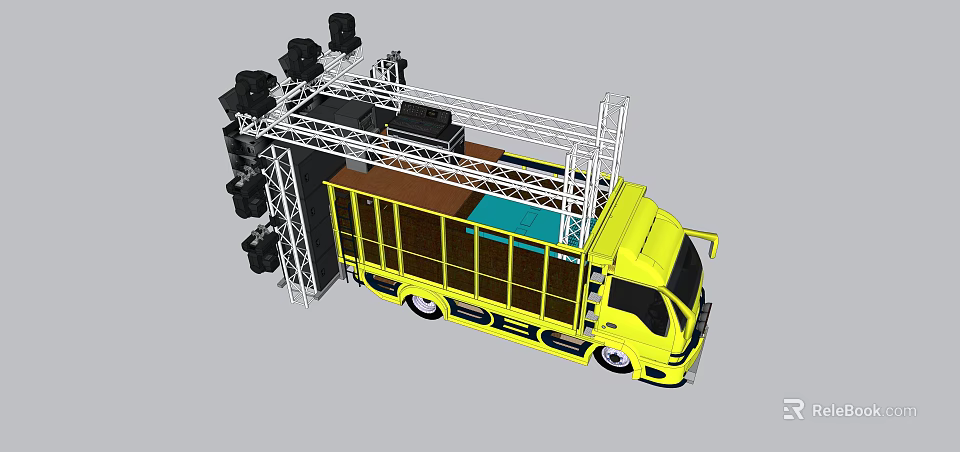 Yellow Mobile Stage Truck Equipped With Stage Truss And Speakers 3d model 